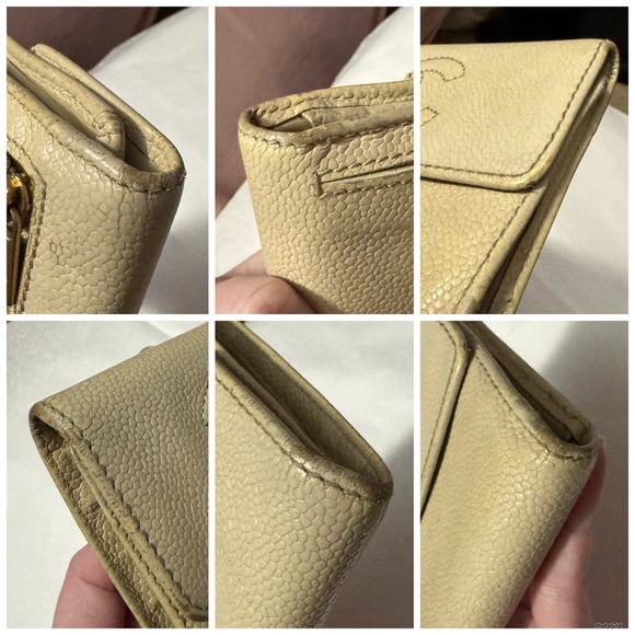 AUTHENTIC CHANEL Neutral Caviar Leather Interlocking C CC Vintage Logo Wallet - Picture 8 of 16